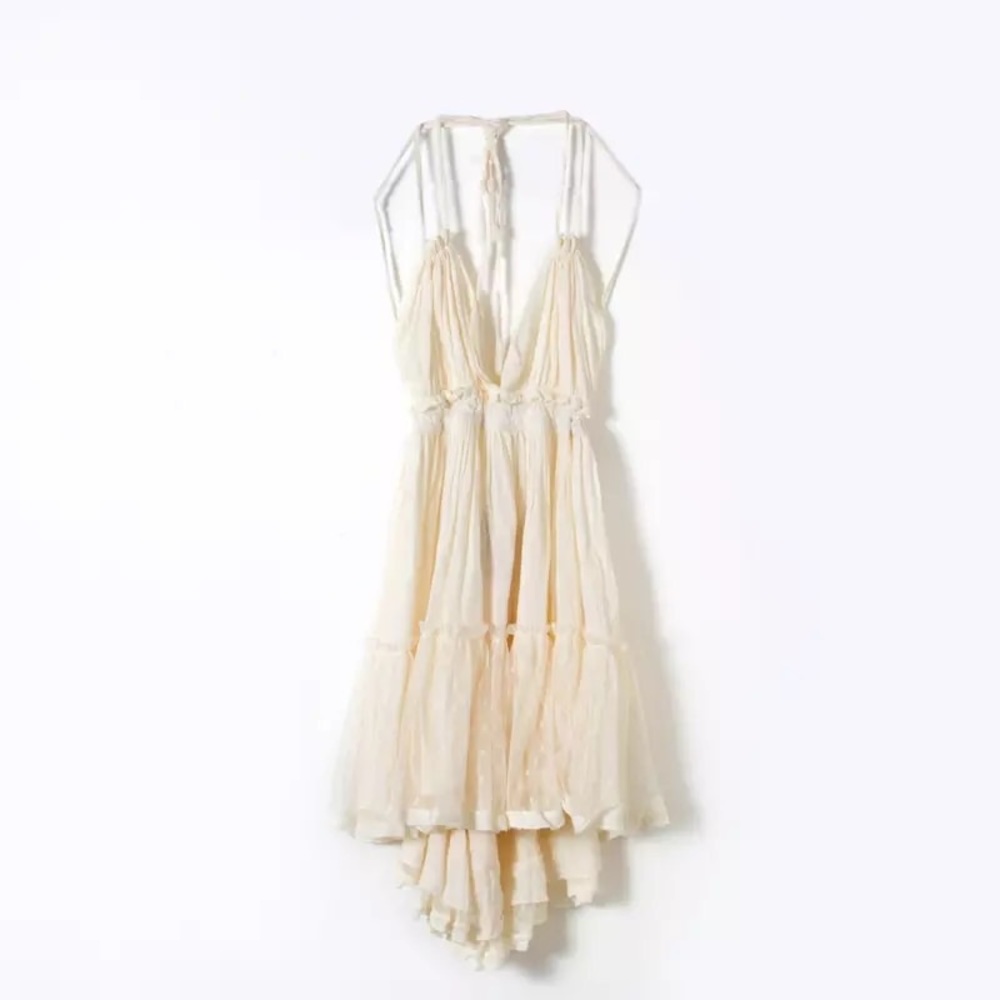 Boho dress beach halter open back lace tie cream womens summer dresses